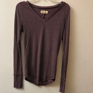 Hollister Burgundy Striped V-Neck Long Sleeve Top